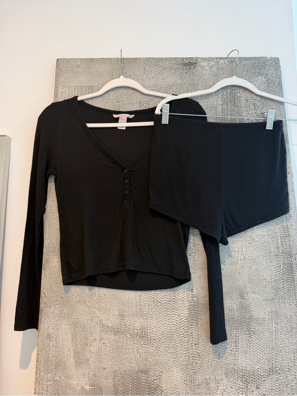 Victoria's Secret black Long Sleeve Henley Top & Shorts Pajama Set